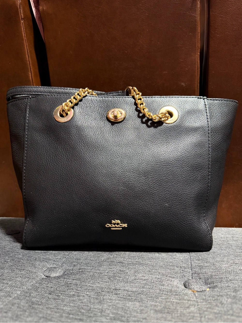 Coach Black Leather Tote with Gold Chain Details - Picture 7 of 13